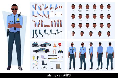 Black Policeman Character Constructor with Lip Sync, Emotions, Character Turnaround, Patrol Car and Gestures Vector File Stock Vector