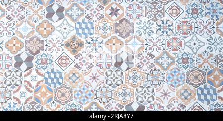 Ceramic tile texture background in oriental style. Abstract mosaic tiles pattern. Vintage tiled floor. Old ceramics wall. Arabic design of bathroom Stock Photo
