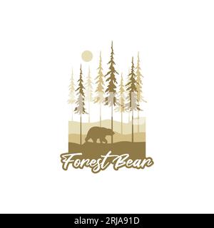 Pine Forest With Bear Silhouette Logo Design evergreen serene forest interior Stock Vector