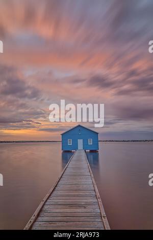 Sunrise at the Blue Boatshed, Crawley, Perth, Western Australia. Stock Photo