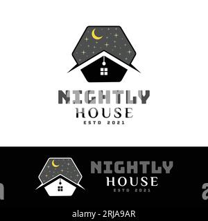 Night Hexagon House With Moon and Stars Logo For Hotel, Lodging, Rent House and Apartment Stock Vector