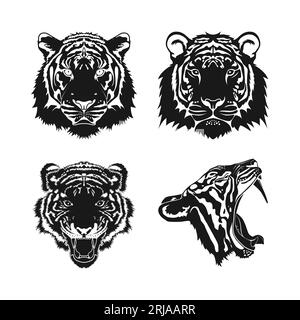 Set Of Tiger Head Vector, Tiger Roaring Tiger Face Logo Design Inspiration Stock Vector