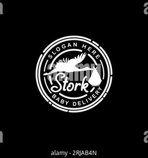 Stork Carrying Baby Logo stamp design inspiration Stock Vector