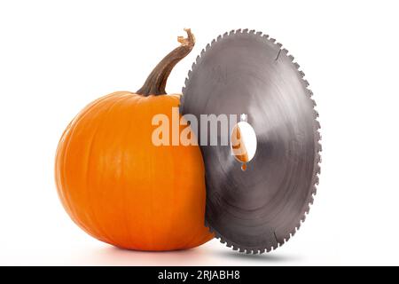 Pumpkin carving concept with a large circular saw blade cutting the pumkin on a white isolated studio background Stock Photo