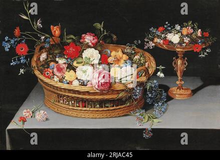 A basket of flowers with a tazza on a wooden ledge