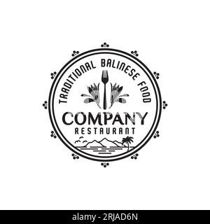 Vintage Lotus Flower Fork Balinese Restaurant Bar Logo Design Inspiration Stock Vector