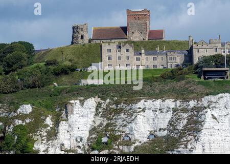 The White Cliffs of Dover and Dover Castle seen front the English Channel - The church of St. Mary in Castro dominates the clifftop, Dover, Kent, UK Stock Photo