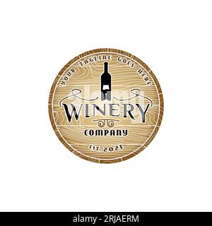 Vintage Winery Logo, Wooden Barrel With Glass and Wine Bottle Icon Vector Stock Vector