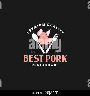 Pork Restaurant Logo With Pig Head And Cutlery Icon Design Inspiration Stock Vector