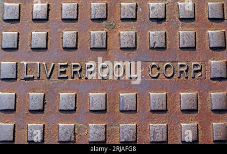 Liverpool Corporation waterworks embossed cast iron grid, city centre, Liverpool, Merseyside, England, UK, L1 4DS Stock Photo