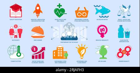 Flat icons of sustainable development goals. SDG signs on blue background. Set of 17 global targets for improve education, health and economic growth, reduce inequality. Partnership for the goals Stock Vector