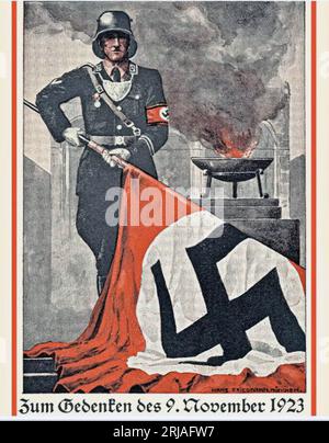 NAZI POSTCARD commemorating the Nazis who died in the Munich  Beer Hall Putsch 9 November 1923. Ther artwork was also used as a poster. Stock Photo