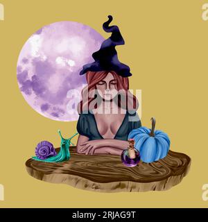 Girl in a black hat at a wooden table, snail, pumpkin, moon. Vector illustration for esoteric and halloween. Greeting cards, banners, flyers, covers. Stock Vector