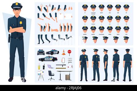 Policeman Character Creation with Gestures, Facial Expressions, Different Poses, Police Car and Various elements Stock Vector