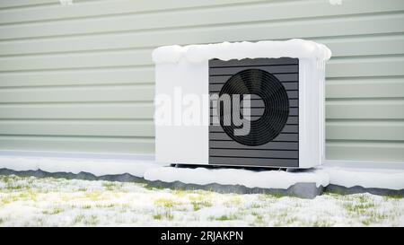 Photorealistic 3d render of a fictitious air source heat pump mounted to a concrete base with vibration dampers on the outside of a house in winter wi Stock Photo