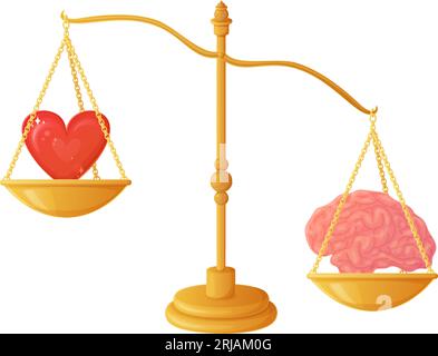 The heart outweighs the intellect on the scales. Brain heart balance illustration concept. Hard to make choice symbol. Stock Vector