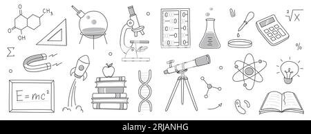 Doodle science, education school icon. Hand drawn sketch style doodle science background. School chemistry, physics education, biology concept icon. Hand drawn line vector illustration. Stock Vector