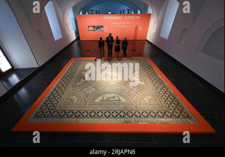 Mainz, Germany. 22nd Aug, 2023. The mosaic floor from a Roman townhouse of the 2nd and 3rd centuries in the lower town of Mainz, entitled 'Orpheus plays the cithara and sings,' is presented at the Landesmuseum. The capital of Rhineland-Palatinate is rich in traces from Roman times. Now special Roman mosaic finds from the past are to be presented anew in the state museum. (to dpa 'Mosaic finds from Roman times to be presented anew in Mainz') Credit: Arne Dedert/dpa/Alamy Live News Stock Photo