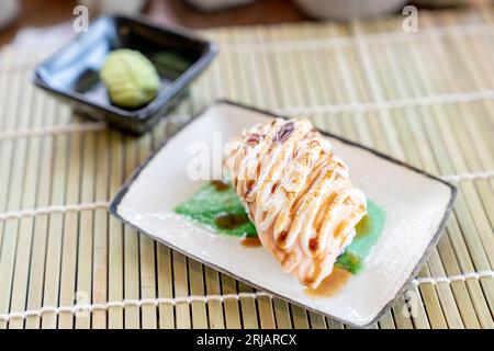 Traditional Japanese cuisine, Sushi Salmon Mayo on the japan dish Stock Photo