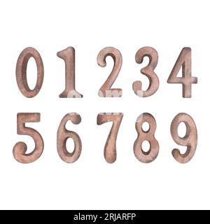 A set of numbers from zero to nine in chocolate color, highlighted on a white background.Watercolor illustration. Suitable for the design of postcards Stock Photo