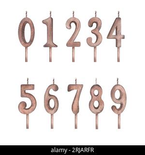 A set of candles with numbers from zero to nine for a birthday. Watercolor illustration, hand-drawn, isolated on a white background.Suitable for the Stock Photo