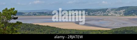 Panorama of Grange over Sands, from Arnside Knott, Lancashire, looking over the Kent Estuary, Morecambe Bay Stock Photo