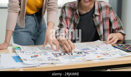 UX developer and ui designer brainstorm about mobile app interface wireframe design with customer breif and color code at office Stock Photo
