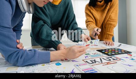 UX developer and ui designer brainstorm about mobile app interface wireframe design with customer breif and color code at office Stock Photo