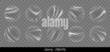 Adhesive transparent round plastic stickers, circle overlay patch. Isolated 3d vector circular badges mock up set. Crumpled sticky labels or price tag Stock Vector
