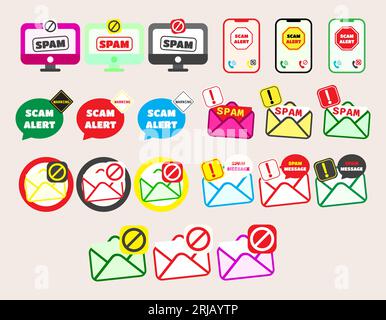Collection icon alerts against viruses, spam, in various forms. set of Spam pop-up warning. Stock Vector
