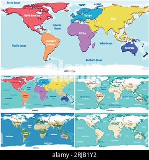 Illustration of a vibrant world map divided into continents Stock Vector