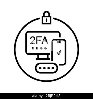 2FA two factor verification icon with vector thin line mobile phone and computer, authentication password, login and push code message symbol in round Stock Vector
