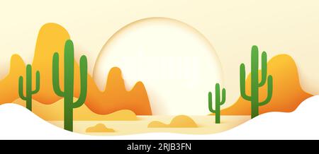 Mexican desert paper cut landscape with mountains, sand and cactuses. Vector vibrant 3d papercut art with rocks, sandy dunes, and iconic cacti, captur Stock Vector