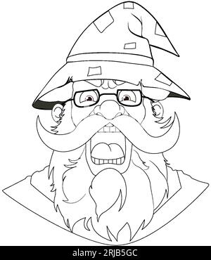 Vector cartoon illustration of an angry old man with a wizard hat Stock Vector