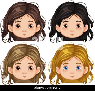 Four cartoon-style girls with different colored faces smiling happily Stock Vector