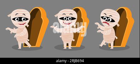 Set of cute Mummy and coffin . Halloween cartoon characters . Vector. Stock Vector