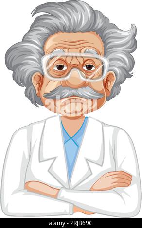 A vector illustration of Albert Einstein, the renowned theoretical physicist, wearing a scientist gown and goggles Stock Vector