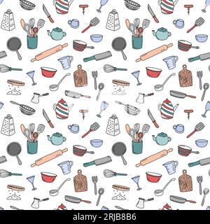 Kitchen doodles pattern. Kitchenware elements vector background. Cute doodle illustrations of cooking utensils Stock Vector