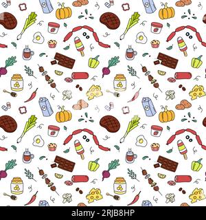 Food Pattern. Colorful doodle meal elements on white background. Cute repeat outline illustrations with fruits, vegetables, meat and dairy products Stock Vector
