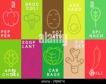 Bright vegetables cards in simple minimal design. Stock Vector