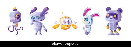 Cartoon set of animal robot characters isolated on white background. Vector illustration of futuristic ai mascots, cute octopus, bee, bunny, bear cyborgs. Technology development, chatbot assistant Stock Vector