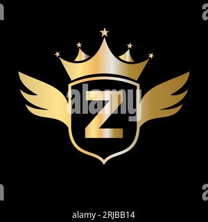 Letter Z Transportation Logo With Wing, Shield And Crown Icon. Wing Logo On Shield Symbol Stock Vector