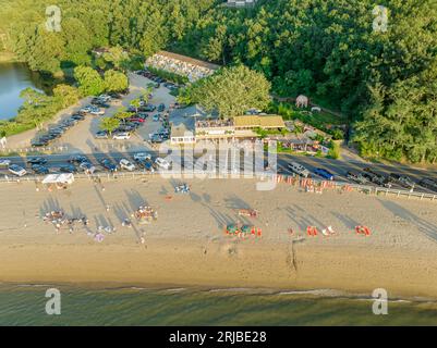aerial image of sunset beach and hotel in shelter island, ny Stock Photo