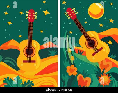 Dia de los Muertos, Day of the Dead celebration in Mexico with guitar, flowers and leaves around. Design for posters, banners, and cards. Vector Stock Vector