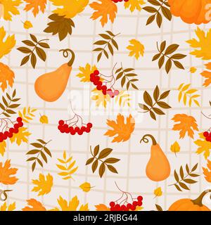 Autumn seamless pattern. Bunches red rowan with orange pumpkin on light checkered background with fall variegated leaves. Vector autumnal illustration Stock Vector
