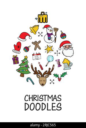Christmas doodles color elements laid out in shape of christmas ball poster. Hand drawn vector illustration Stock Vector