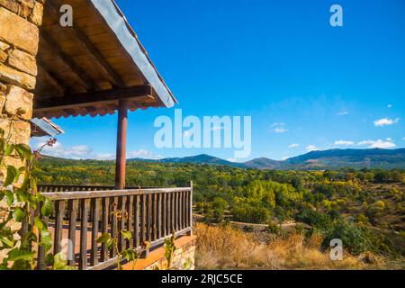 Landscape from a balcony. Horcajuelo de la Sierra, Madrid province, Spain. Stock Photo