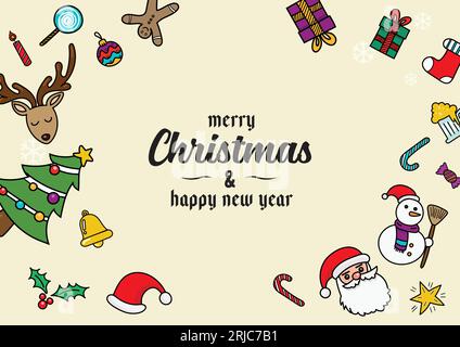 Christmas composition with decorations and gift boxes doodle color. Greeting card Vector illustration Stock Vector