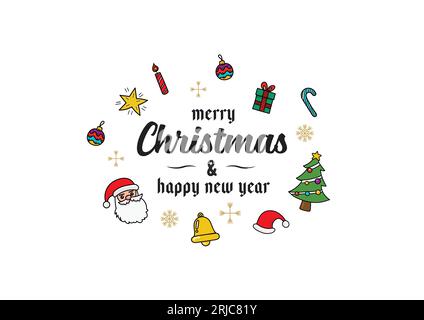 Merry Christmas with doodles color art icons. Greeting card Vector illustration Stock Vector