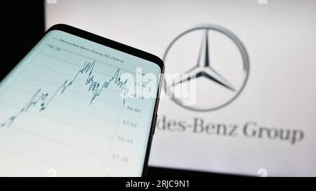 Smartphone with website of automotive company Mercedes-Benz Group AG on screen in front of business logo. Focus on top-left of phone display. Stock Photo
